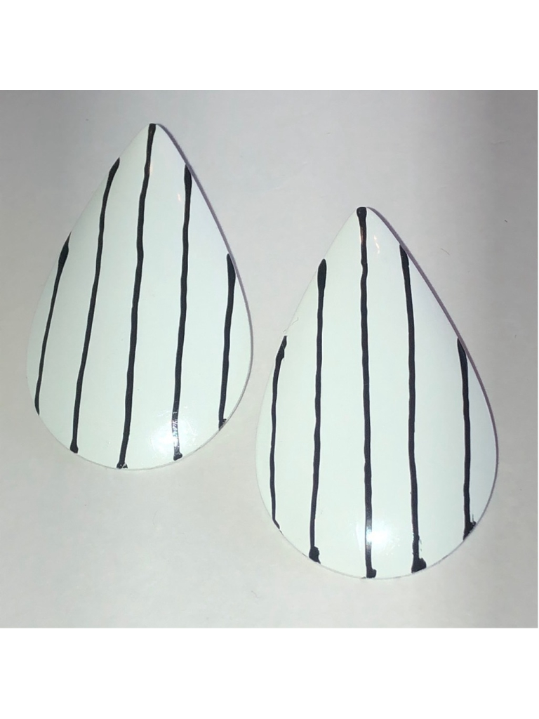 White And Black Retro Vintage Striped Boho Teardrop Earrings